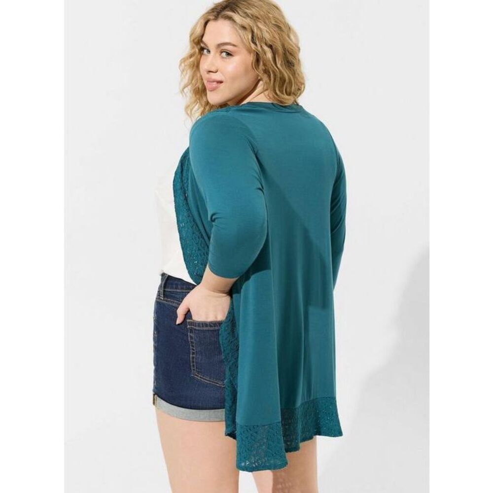 Torrid Super Soft Crochet Trim Cardigan teal color - Picture 3 of 10